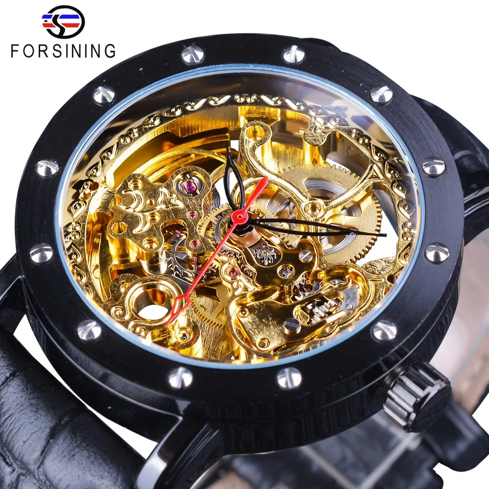 

Forsining Royal Flower Carving Gear Golden Movement Transparent Genuine Leather Bezel Mens Mechanical Watches Top Brand Luxury