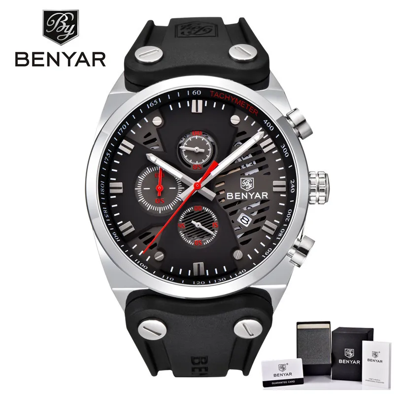 BY511003 with box Мужские часы benyar мужские часы лучший бренд класса люкс Хронограф Спортивные мужские часы военные из натуральной кожи новые кварцевые наручные часы - Цвет: BY511003 with box