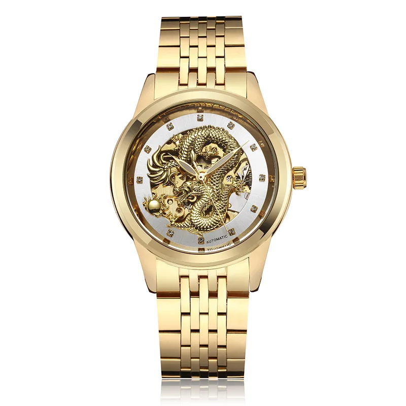 LUXury Dragon Skeleton Automatic-Self-Wind Mechanical Watches Men Wrist Watch Stainless Steel Strap Gold relogio bayan kol saati - Цвет: S051