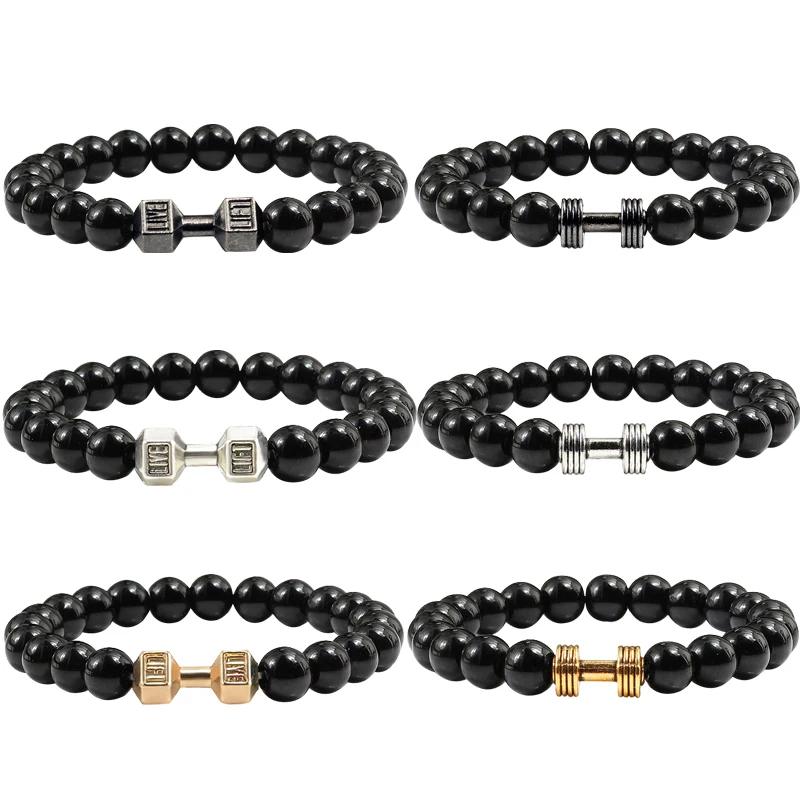 1 шт. модный натуральный камень браслет для мужчин Fit Life Matte Black Stones браслет с гантелей фитнес мотивация тренажерный зал Ювелирные изделия Подарки Femme