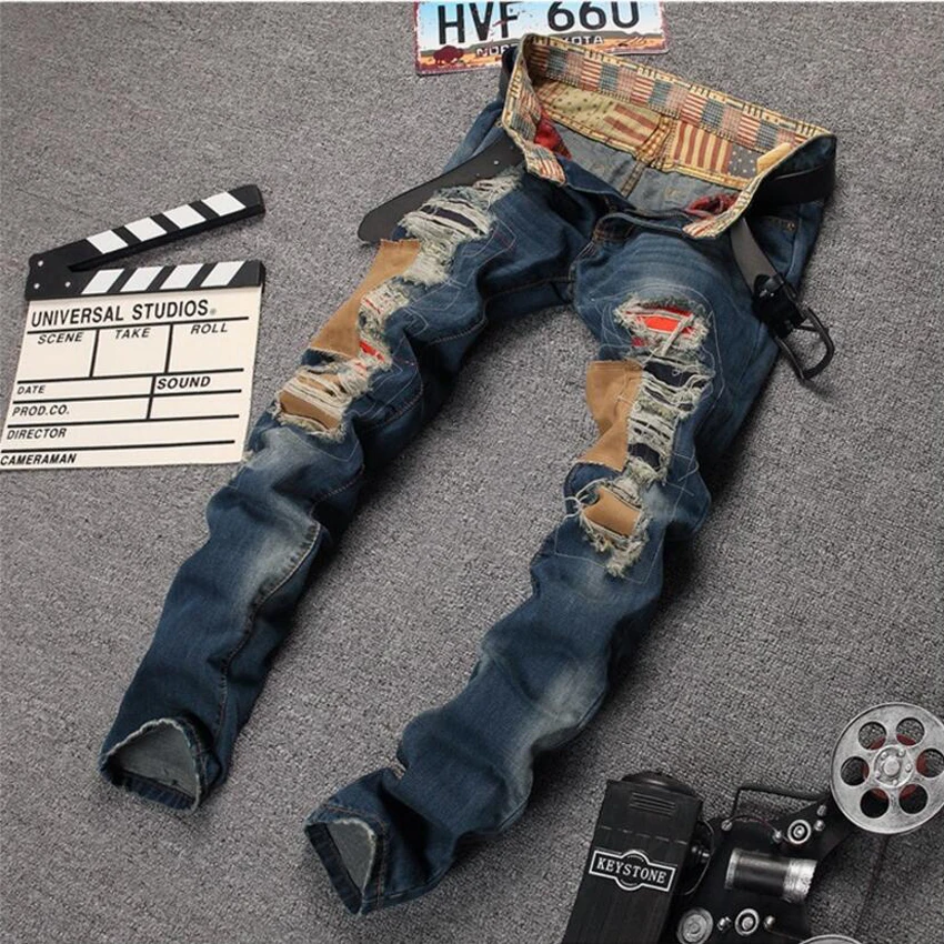 2018 г. мужские Новые Джинсы Свободные отверстия Лоскутная Slim Fit прямые джинсы