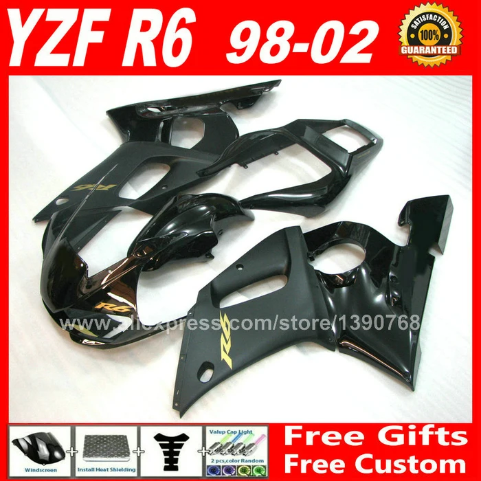Матовые глянцевые черные обтекатели подходят для YAMAHA YZF R6 1998 1999 2000 2001 2002