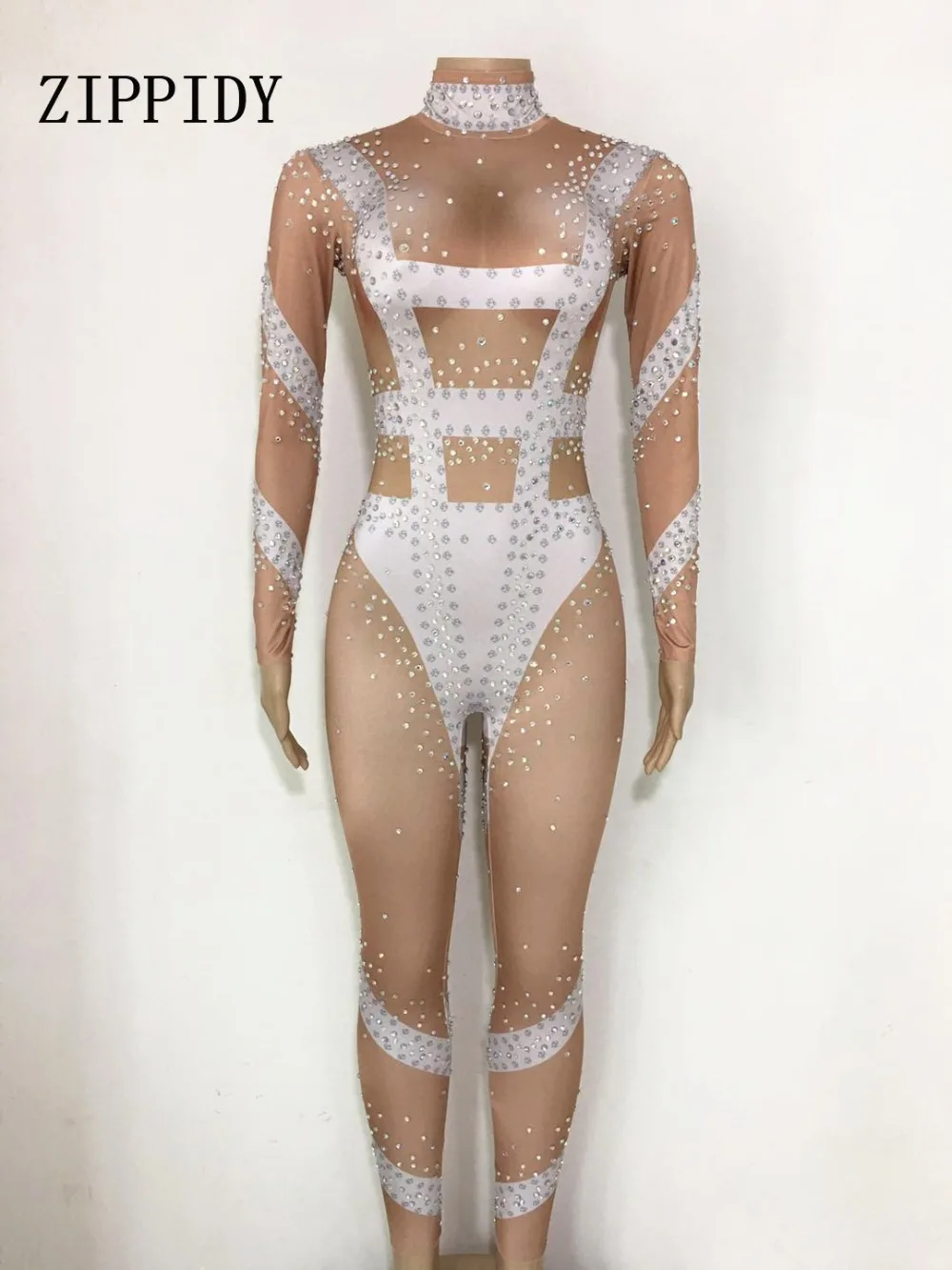 Rhinestone Skinny Jumpsuit long Sleeves Stretch Sexy Plain Stones Bodysuit Stage Performance Party One-piece Leotard