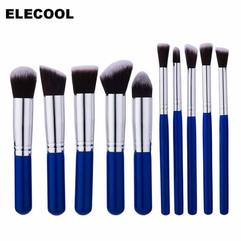 10pcs blue sliver ELECOOL, 10 шт./4 шт., косметические кисти для макияжа, набор, профессиональная пудра, Тональная основа, тени для век, губ, кисти для макияжа, женские инструменты для красоты - Handle Color: 10pcs blue sliver