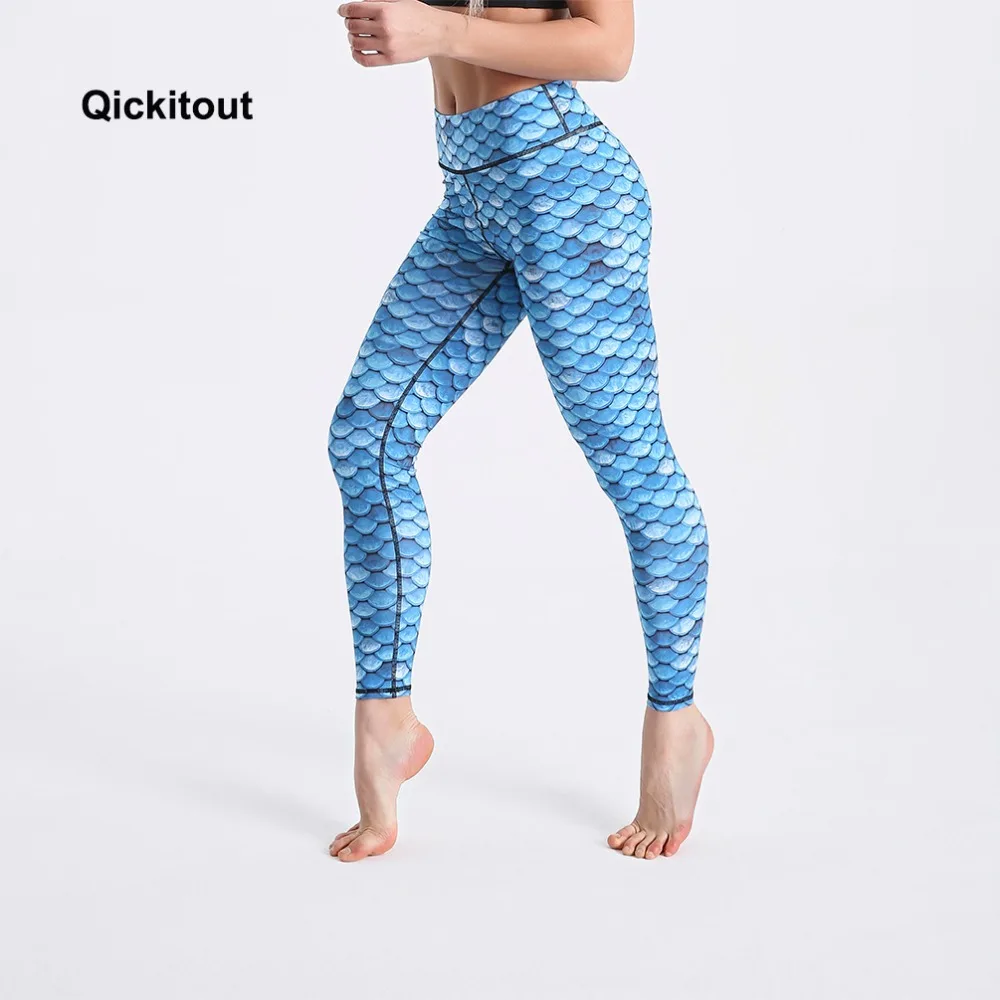 

Qickitout New Casual Personally Leggings Long Pants Light Blue Fish Scale Print High Waist Pants Fitness Quick Drying Clothes