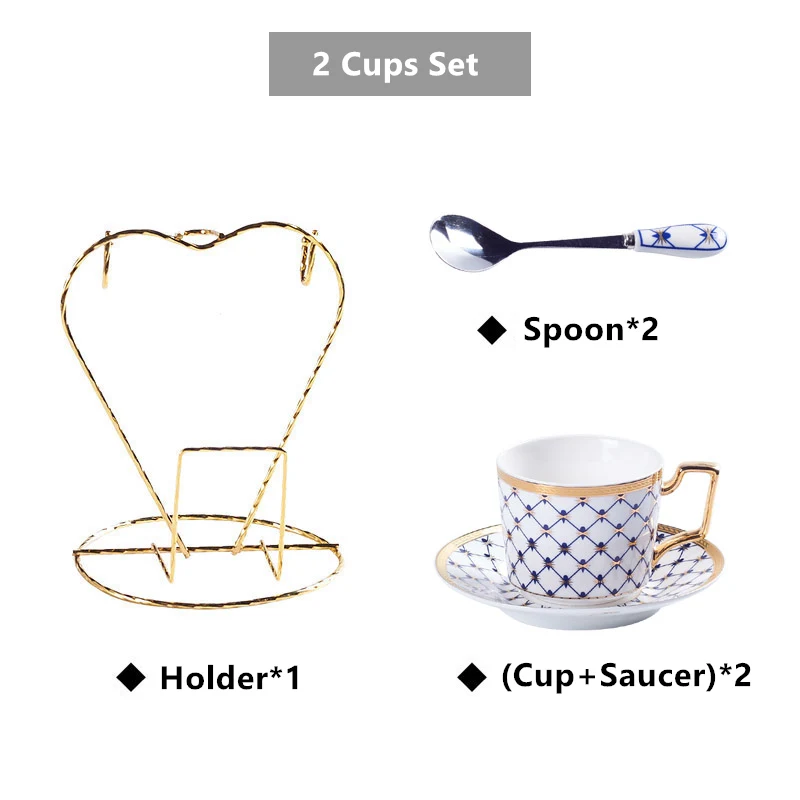 2Cups n Holder Blue Элегантный кофейный сервиз из костяного фарфора, золотой фарфоровый чайный сервиз, роскошный чайник, чашка, современная керамическая кружка, сахарница, сливочник, чайный горшок, молочный кувшин - Цвет: 2Cups n Holder Blue