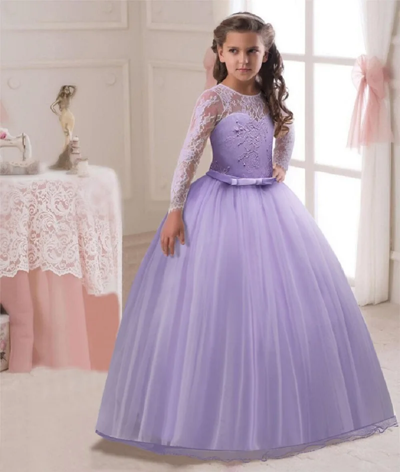 Purple 1 Элегантное платье принцессы для девочек возрастом от 6 до 14 лет, длинные кружевные платья из тюля для девочек-подростков на свадьбу торжественные вечерние платья для первого причастия - Цвет: Purple 1