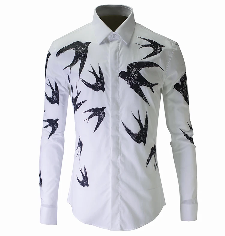 

new arrival fashion print swallow casual Flies so ctton long sleeve spring autumn male shirt slim size M L XL XXL XXXL