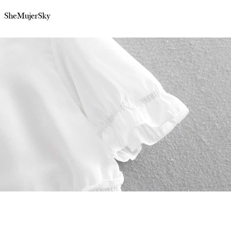 Женская короткая шифоновая блузка SheMujerSky белая с оборками и коротким рукавом