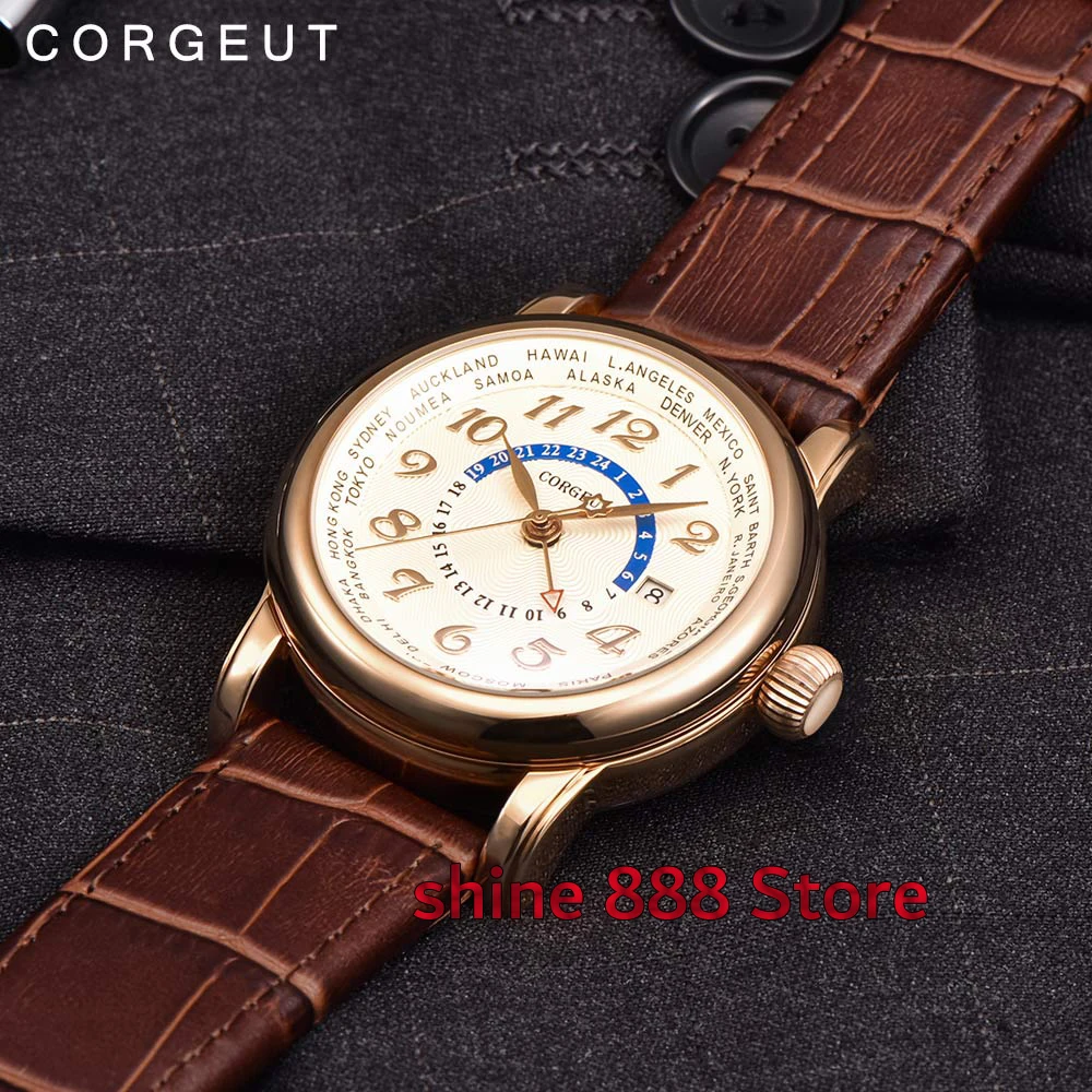 

Corgeut 43mm white dial blue hand Date coffee leather strap date GMT Automatic Men Watches