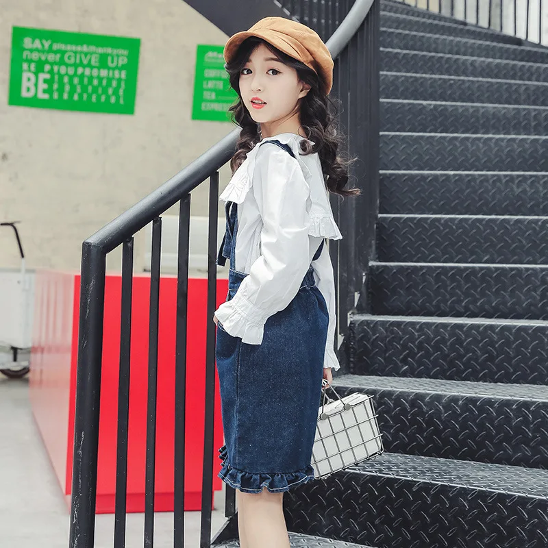 Белая блузка с длинным рукавом + комбинезон юбкой комплект из 2 предметов для