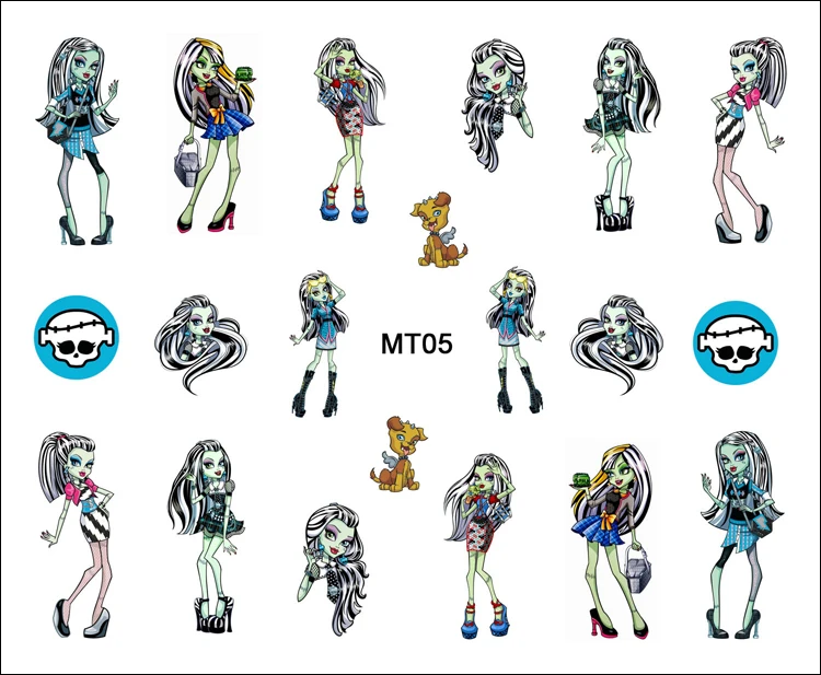 1 лист ногтей MT05 Monster High Blue Frankie Stein мультяшный череп для ногтевого дизайна водные