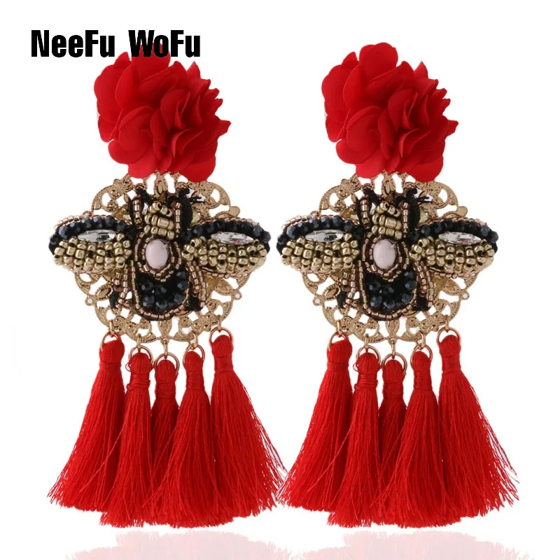 Крупные серьги NeeFu WoFu большие цветы с кисточками насекомые кристаллы большая
