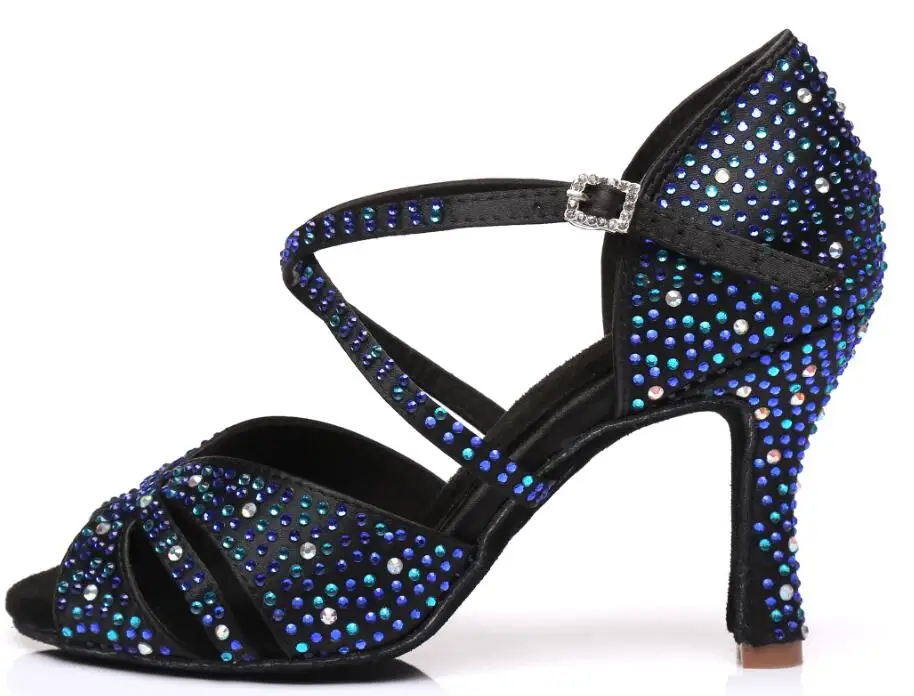 black heel 10cm Обувь для танцев; стразы; танцевальные туфли на каблуках; Обувь для бальных танцев; женская обувь для танцев; обувь для джаза; контрастные стразы; цвет синий, зеленый; JuseDanc - Цвет: black heel 10cm