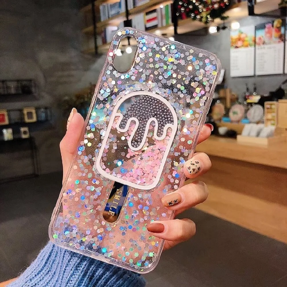 Glitter Case With Ice Cream Patterned For iPhone 6/S 7 8 Plus X XR XS XSMAX Paillette Flow While Moving TPU Silicone Cover |