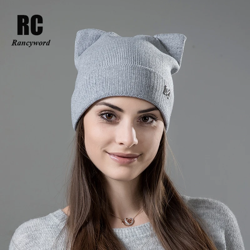 

Женская зимняя шапка [Rancyword], шерстяная шапка Skullies с милыми кошачьими ушками, женская вязаная шерстяная теплая шапка для женщин с помпоном ...