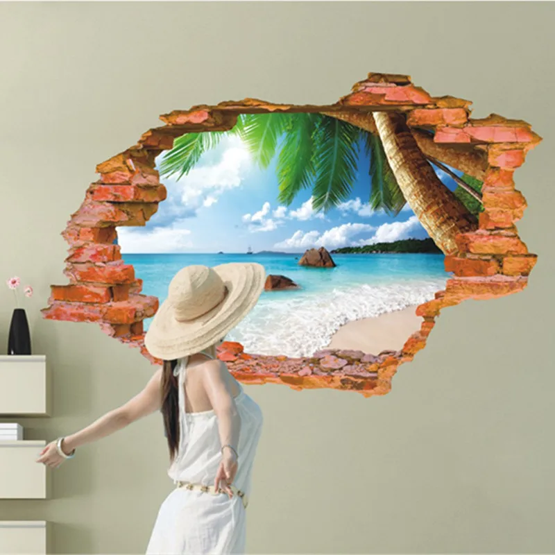 60x90 см Beach Resort море дерево 3d оконный проем вид съемный стикер искусства гостиная