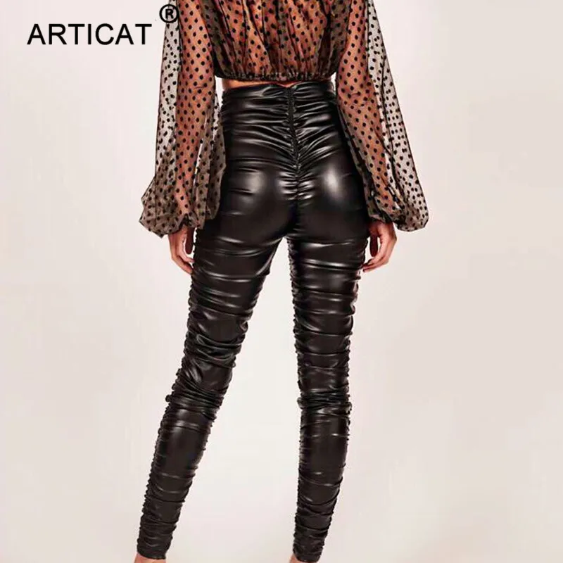 Articat/черные узкие брюки из искусственной кожи с высокой талией женские