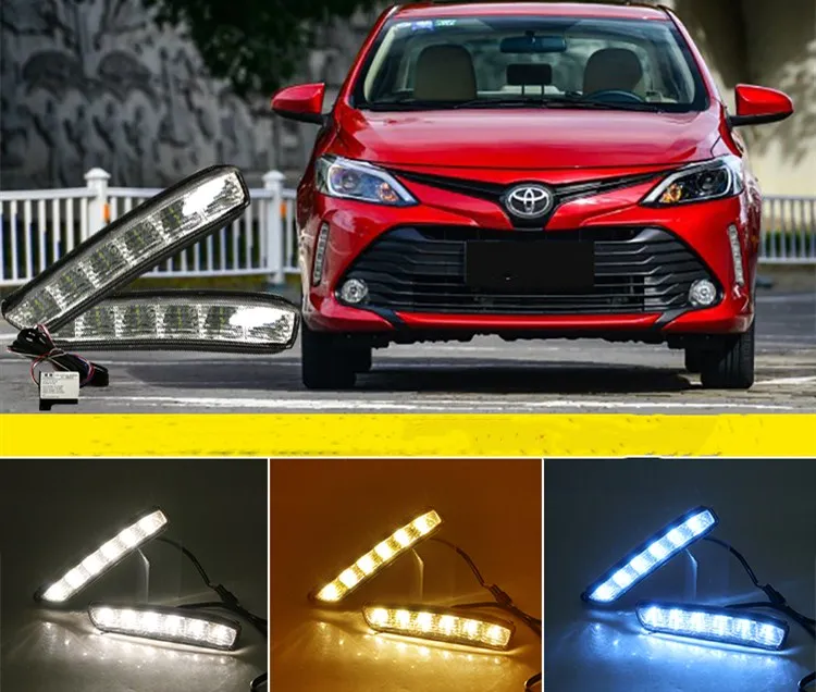 

eOsuns led drl daytime running light+ fog lamp+ cover for Toyota vios 2017 with moving yellow turn signal and blue night light