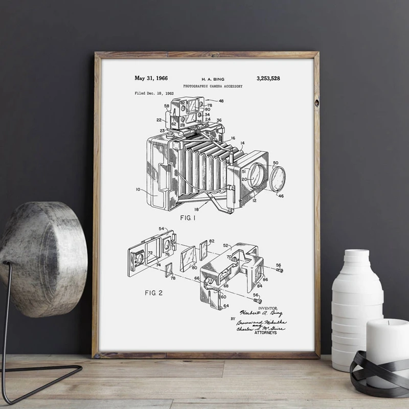 Аксессуар для камеры 1966 патентные принты Фотокамера художественный постер декор