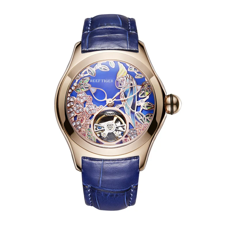Reef Tiger Top Brand Luxury Women Watches Pink Dial Leather Strap Mechanical Watch Rose Gold Fashion Watch reloj mujer RGA7105 - Цвет: RGA7105-PLL
