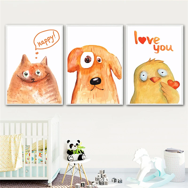 Современная картина в скандинавском стиле с изображением цыпленка Собаки Кошки