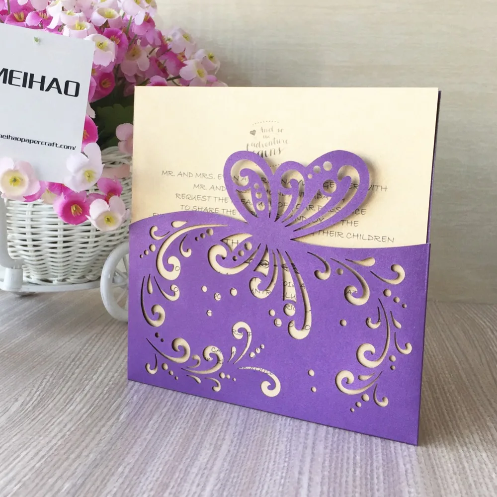 

20Pcs Laser Cut Pearl paper Pretty Wedding Invitation Cover Card Butterfly Pocket Birthday Party casamento Invitation Card