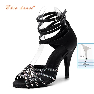 Black 10cm heel Cdso танцевальные женские черные атласные туфли для латинских танцев женские вечерние туфли со стразами для сальсы свадебные туфли на высоком каблуке 8,5 см с мягкой подошвой - Цвет: Black 10cm heel