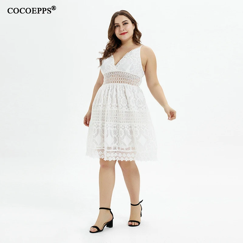 2019 Elegant Women Hollow Out Lace Dress Woman Sexy Spaghetti Strap V Neck White Plus Size Clothing Vestidos | Женская одежда