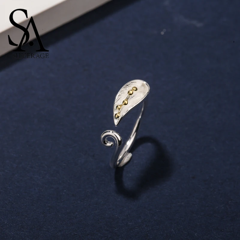 

SA SILVERAGE Moment Real 925 Sterling Silver Vintage Gold Leaf Rings for Women Bijoux Natural Fashion Jewelry Adjustable Rings