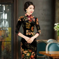 chinese traditional women velvet sexy dresses mandarin collar print flower slim qipao lady elegant cheongsam plus size 4xl