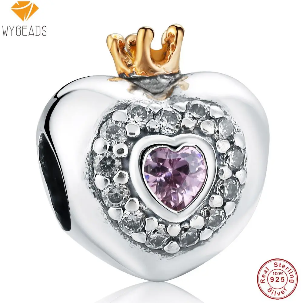 Wybeads 925 серебро Шарм Сердце Любви Семья Ясно CZ Талисманы Европейский бисера