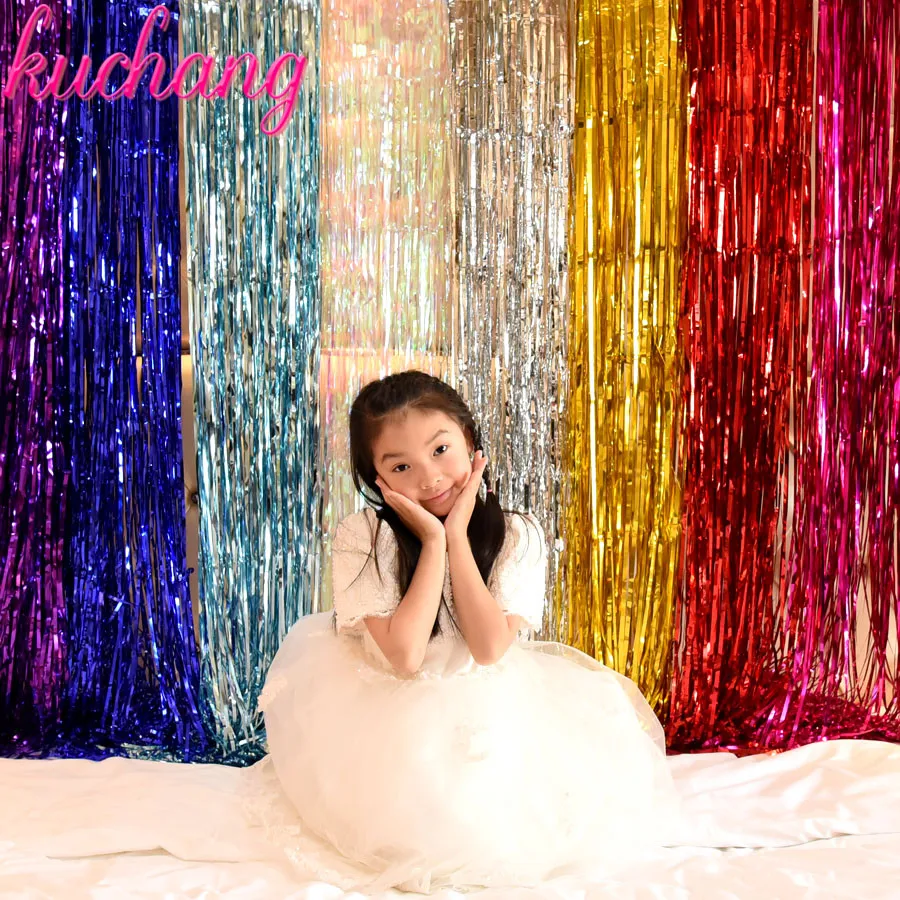

1x2meters shiny foil stripe metal rain silk curtain and aluminum foil tassel photography background wedding birthday decoration