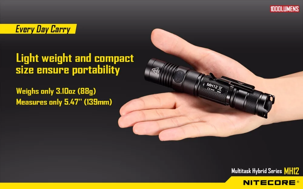NITECORE MH12 USB Перезаряжаемый фонарик CREE XM-L2 U2 светодиодный Макс 1000 люмен расстояние луча 232 м открытый свет тактический фонарь