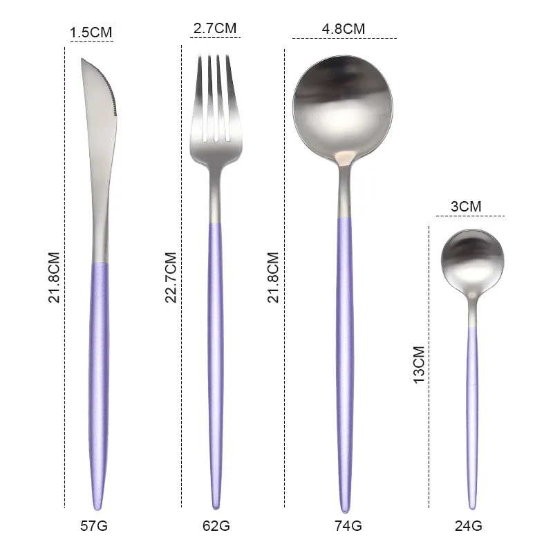 purple silver Черный Серебряный набор столовых приборов 304 из нержавеющей стали, столовые приборы, нож для стейка, вилка, палочки для еды, чайная ложка, вечерние столовые приборы для кухни - Цвет: purple silver