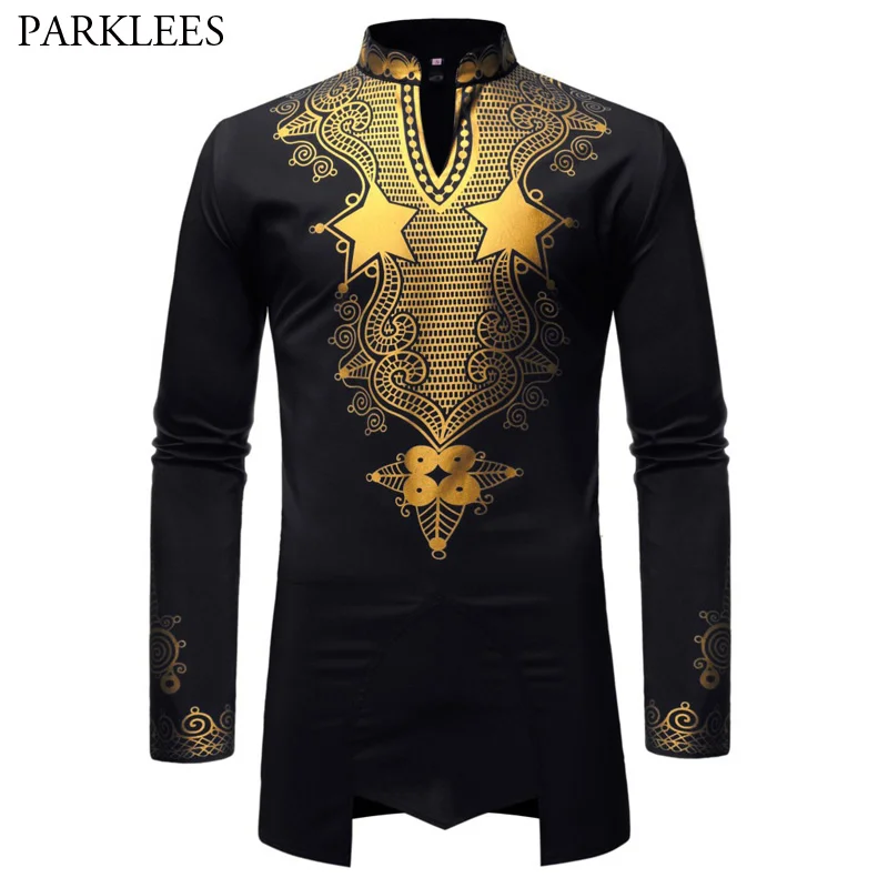 

Men's Hipster Hip Hop African Tribal Metallic Golden Printed Henley Neck Shirt Long Sleeve Dashiki Shirt Top Blouse Chemise 2XL