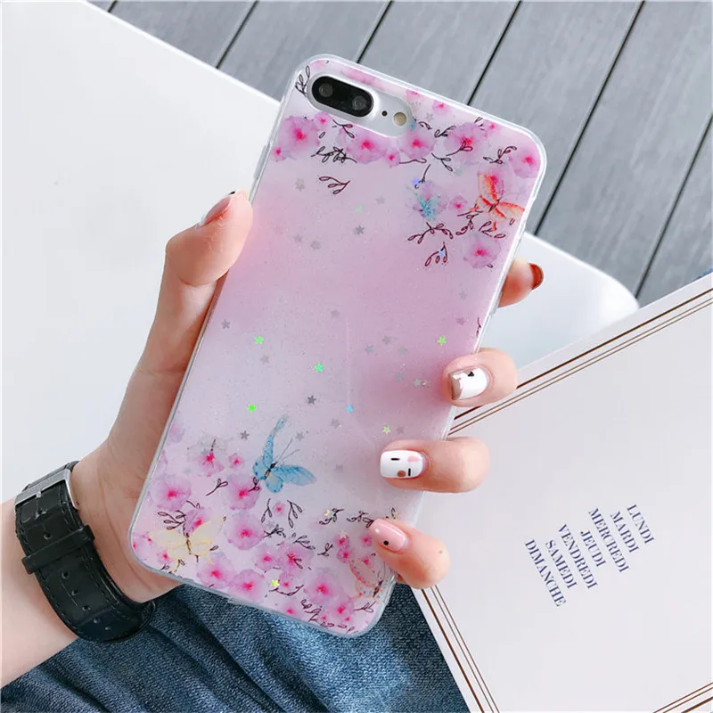 ROHDEA Sweet Star Shiny Phone Case for iphoneXS max XR Cute Cat Soft Cover iphone6 7 8 plus Butterfly Clear Edge TPU |
