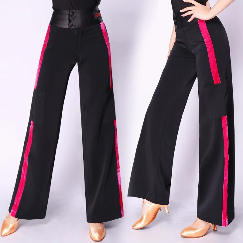 Элегантные женские танцевальные брюки с красной стороны Pantalon Danse Femme Бальные брюки ChaCha Tango тренировочные костюмы конкурентные латинские танцевальные брюки BL1594
