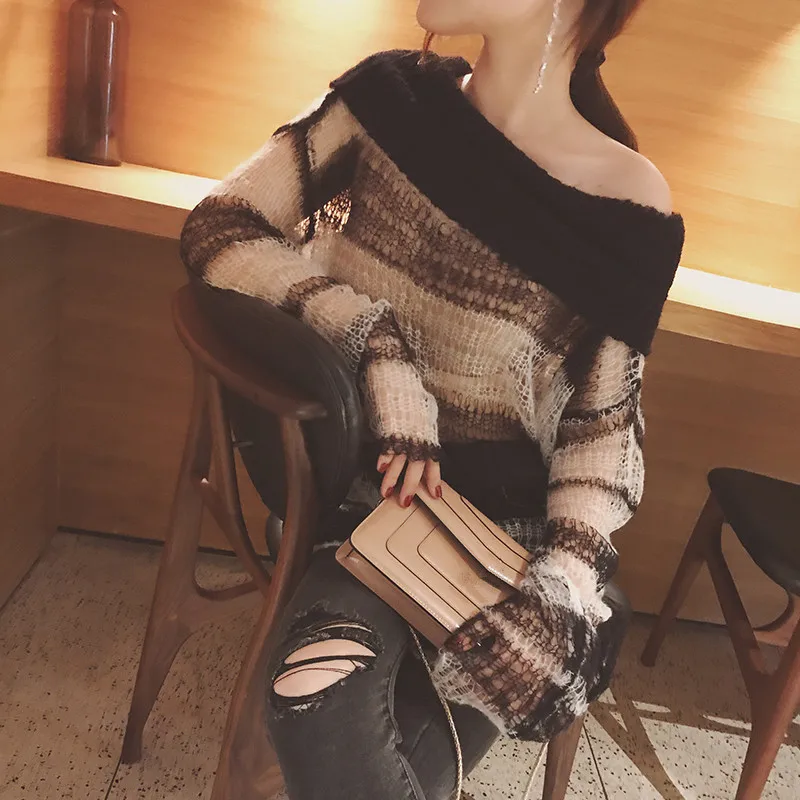 WHITNEY WANG 2019 Autumn Fashion Streetwear Sexy Slash neck Striped Mohair Sweater Women Jumper Pullover sueter mujer invierno | Женская