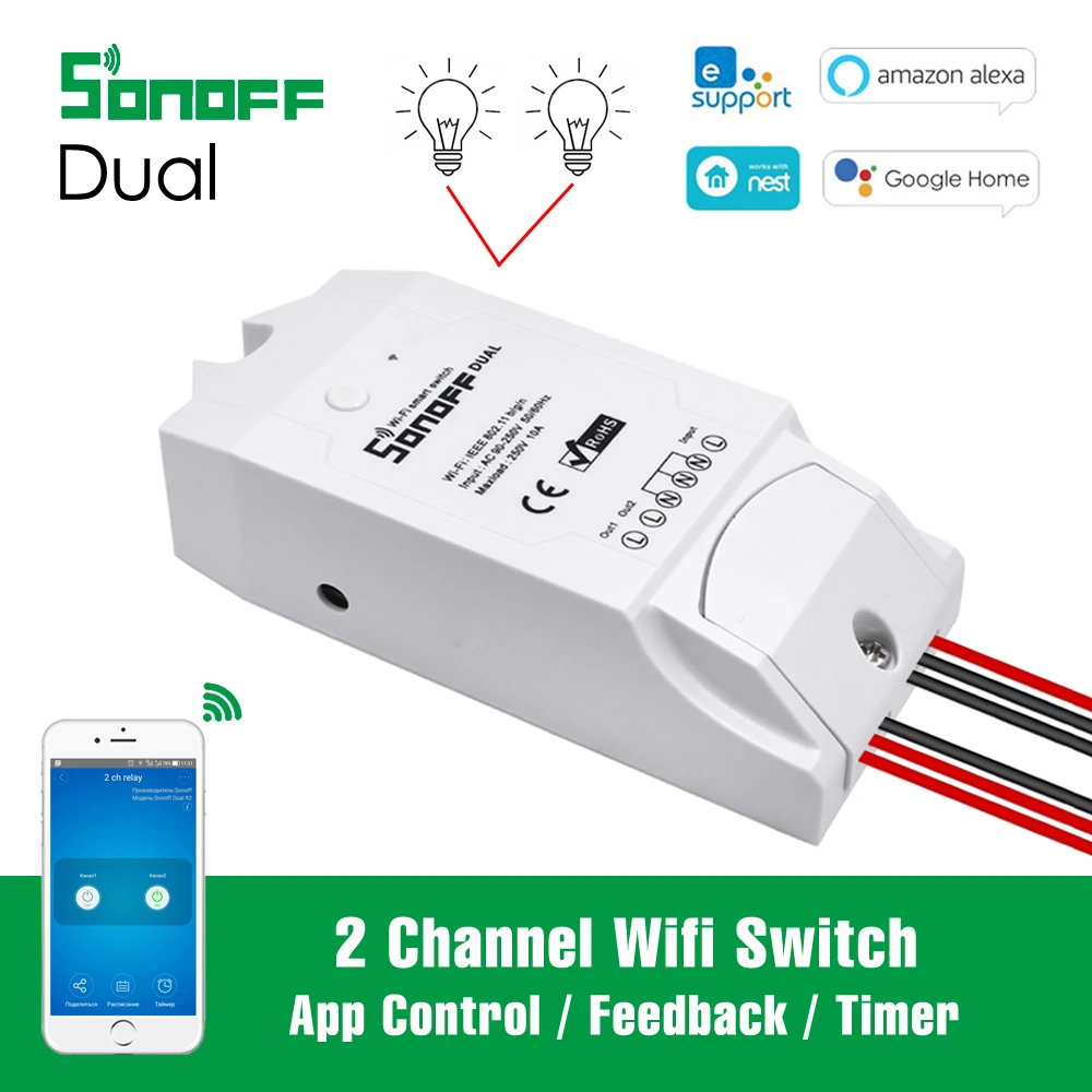 Sonoff двойной 2CH Wi Fi переключатель управление через приложение 2 канальный релейный
