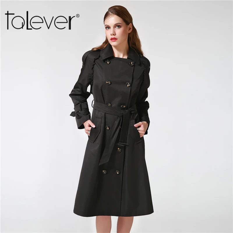 2017 Осень Женский Тренч с регулируемой талией Тонкий однотонный черный пальто