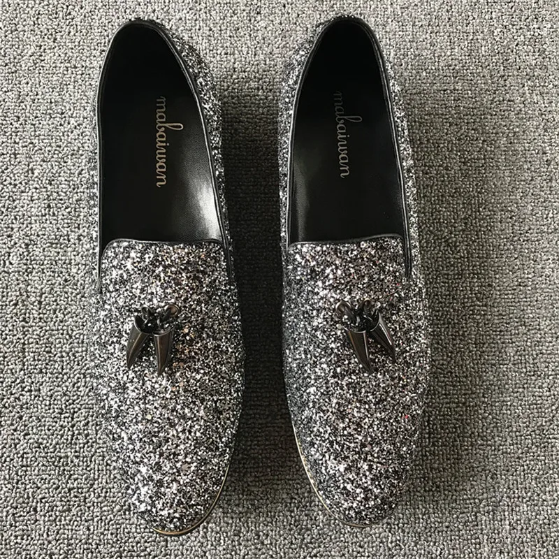2017 г. модные мужские свадебные модельные туфли из кожи с блестками на плоской