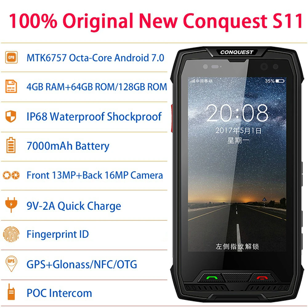 Conquest S11 7000 мАч NFC OTG IP68 Ударопрочный 4G Смартфон Android 7 0 6 ГБ ОЗУ 128 Гб ПЗУ сотовые