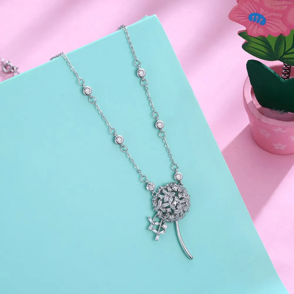 Luxury Zircon Clear Crystal Dandelion Pendant Necklace for Women Girl Gift Romantic 925 Sterling Silver Chain Jewelry Kolye | Украшения и