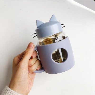 Новинка стеклянная чашка кружки с рисунками кошек Кофе Чай Молоко травы кружка творческие подарки 360 мл Посуда для напитков - Цвет: 360ML BLUE