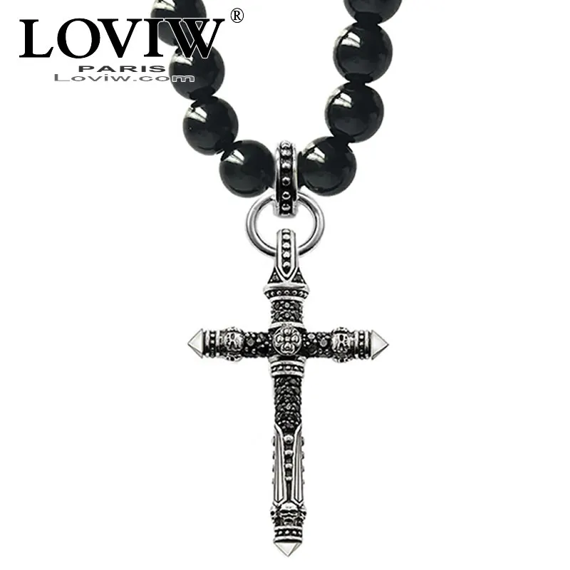 10mm bead Матовый черный обсидиан бусины и Стерлинговое Серебро черепа крест кулон ожерелье колье крутой рок Томас Сабор ювелирные изделия Новинка для мужчин - Окраска металла: 10mm bead