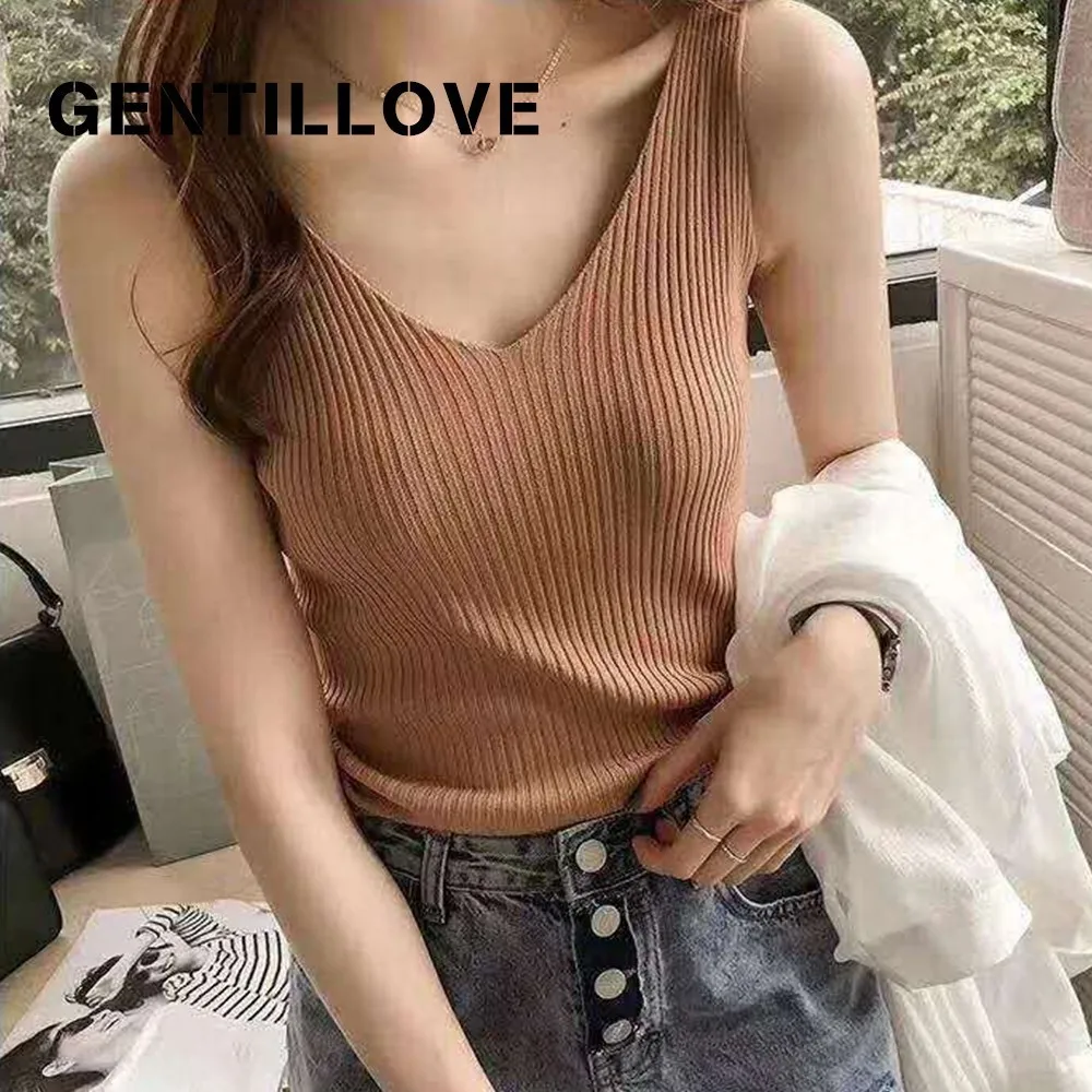

Gentillove 2019 Fashion Knitted Crop Tops Women Sexy V Neck Vest Casual Elegant Slim Camisole Tank Basic Tops Vintage Outer Wear