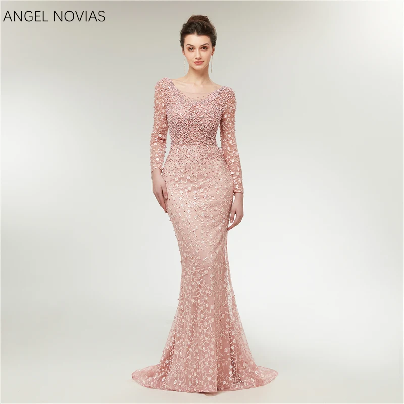 

New Arrival Long Sleeves Mermaid Pink Evening Dresses 2020 Luxury Beaded Crystals Lace Formal Prom Dress Party Gown