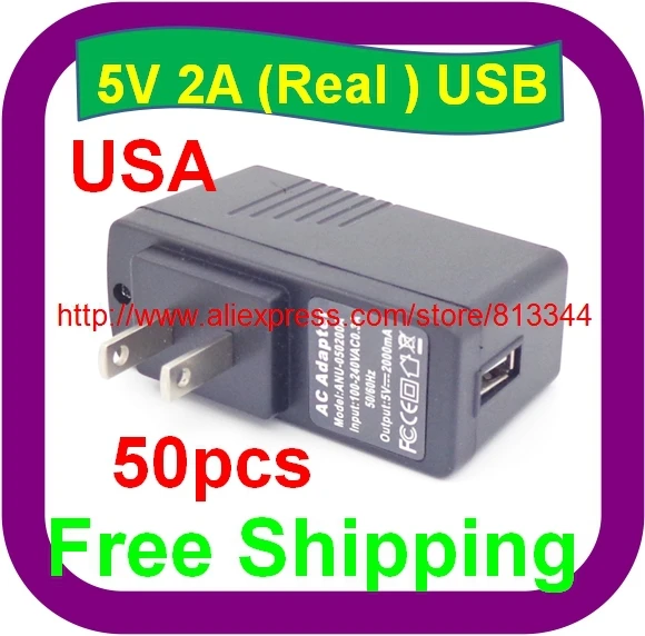 

50 pcs Free Shipping 5V 2A USB USA plug Wall Charger ac /dc Adapter For Tablet PC