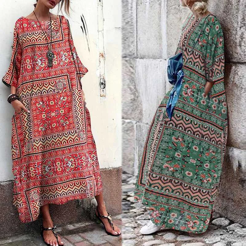 ZANZEA женское платье макси размера плюс длинное Vestidos женское платье с принтом s богемное платье в полоску летний сарафан платье для пляжной вечеринки